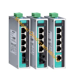 MOXA EDS-205A Industrial Ethernet Switch 10/100BaseT(X), IP30 rated, 24VDC power input, compact DIN-rail design for harsh industrial environments.