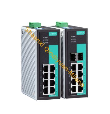 Overvoltage Protection Gigabit Switch MOXA EDS-G308-2SFP managed Gigabit Ethernet switch, 6 x 10/100/1000Base-T(X) + 2 x Gigabit SFP slots, redundant power input, IP30, DIN rail.