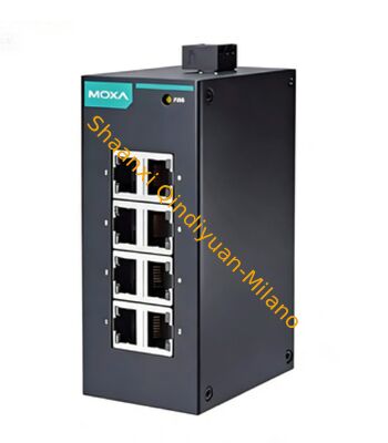 Industrial Switch MOXA EDS-208 unmanaged industrial Ethernet switch, 8 x 10/100Base-TX RJ45 ports, redundant 24V DC power, IP30, DIN rail, 0 to 60°C operating temperature.